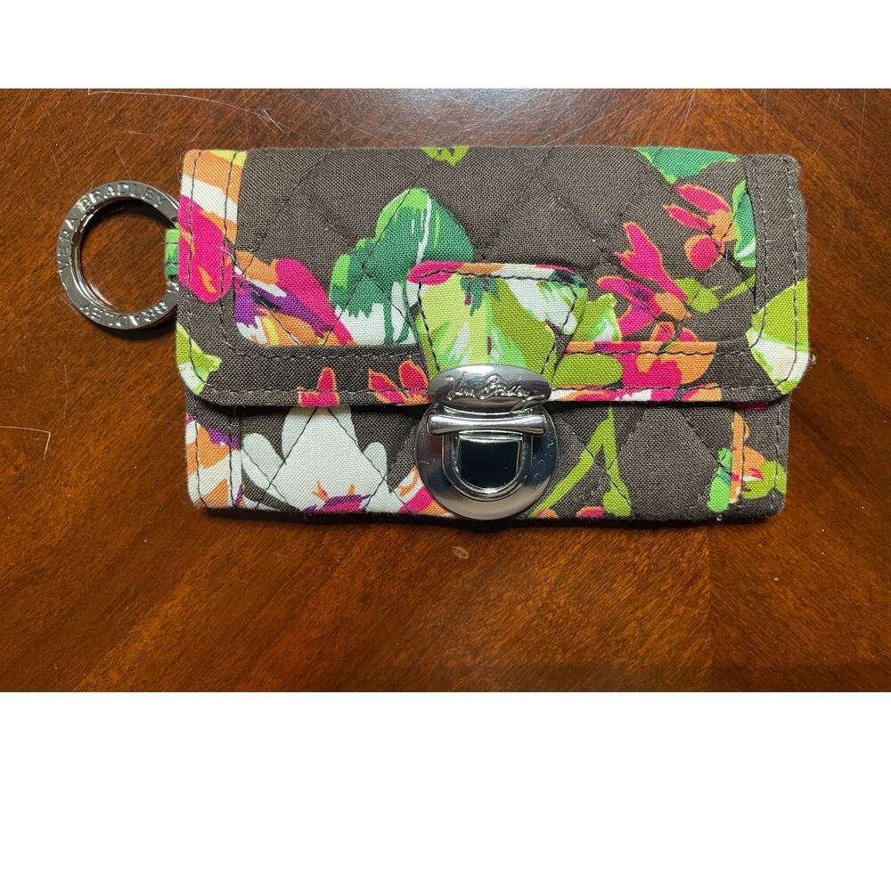 Vera Bradley Quick Swipe ID Coin Purse English Rose Floral Silver Key Loop Brown - Picture 1 of 7
